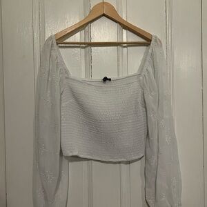 Dynamite XL White Smocked Crop Top with Sheer Embroidered Sleeves